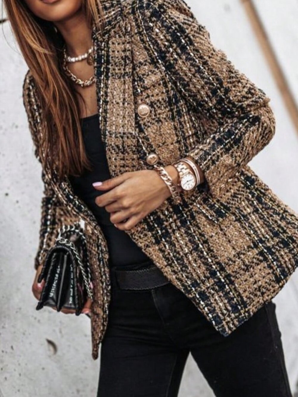 Brown Elegant Women's Blazer Long Sleeve Double Breasted Printed Suit Jacket